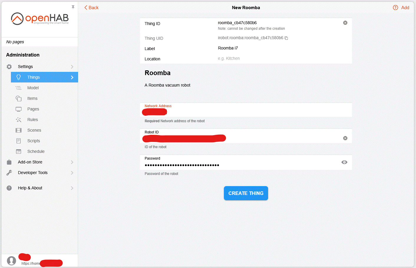 Interface web d&rsquo;openHAB pour ajouter le Roomba manuellement