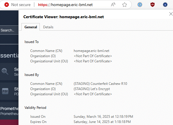Certificat généré par le serveur Staging de Let’s Encrypt